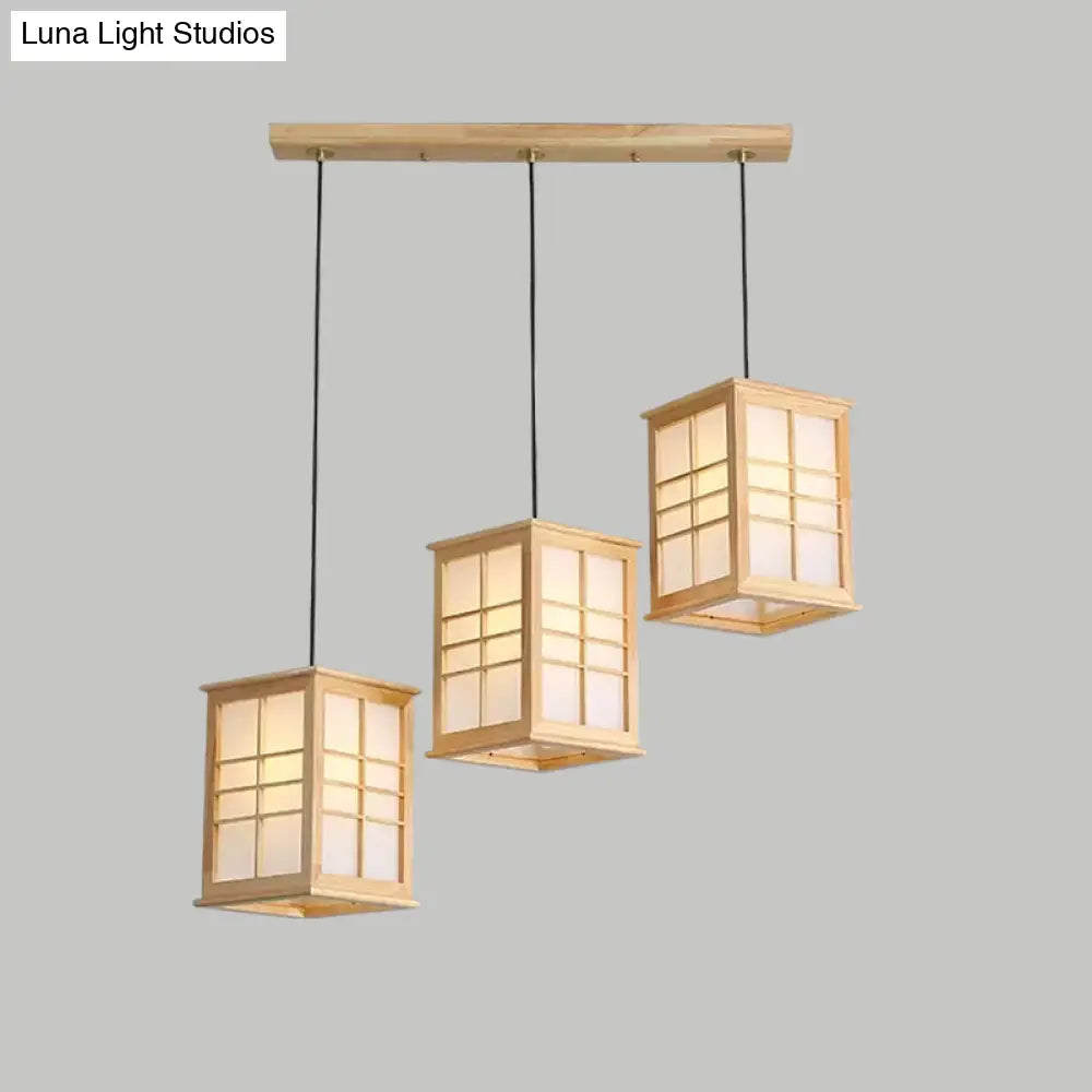 Rectangular Japanese Hanging Lamp with Wooden Shade - Perfect for Dining Room - Beige Pendant with 3 Lights