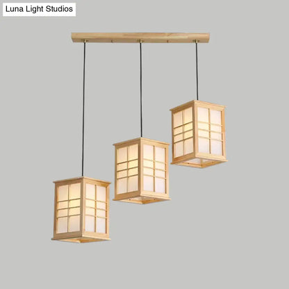 Rectangular Japanese Hanging Lamp with Wooden Shade - Perfect for Dining Room - Beige Pendant with 3 Lights