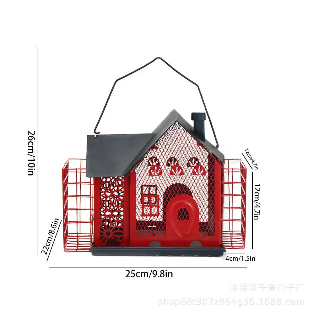 Red and black hanging metal bird feeder decorbites garden mesh suet house with decorative mesh windows and side cages