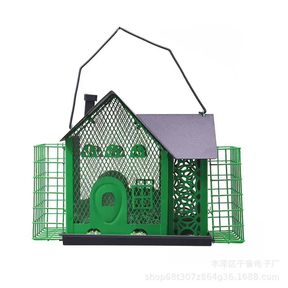 Green house-shaped decorbites hanging metal bird feeder with black roof and side cages for garden suet feeding