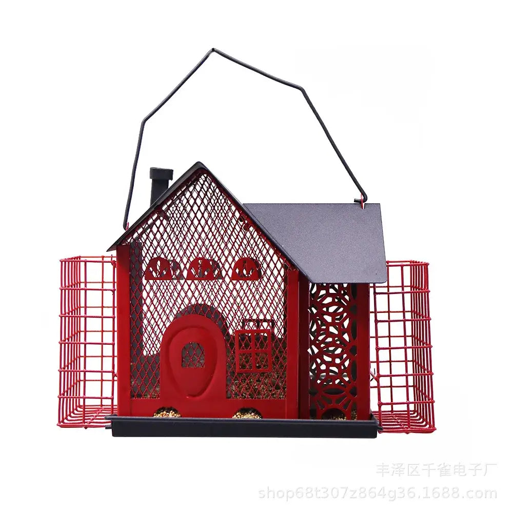Red and black hanging metal bird feeder decorbites hanging metal house with mesh suet holder and handle for garden use