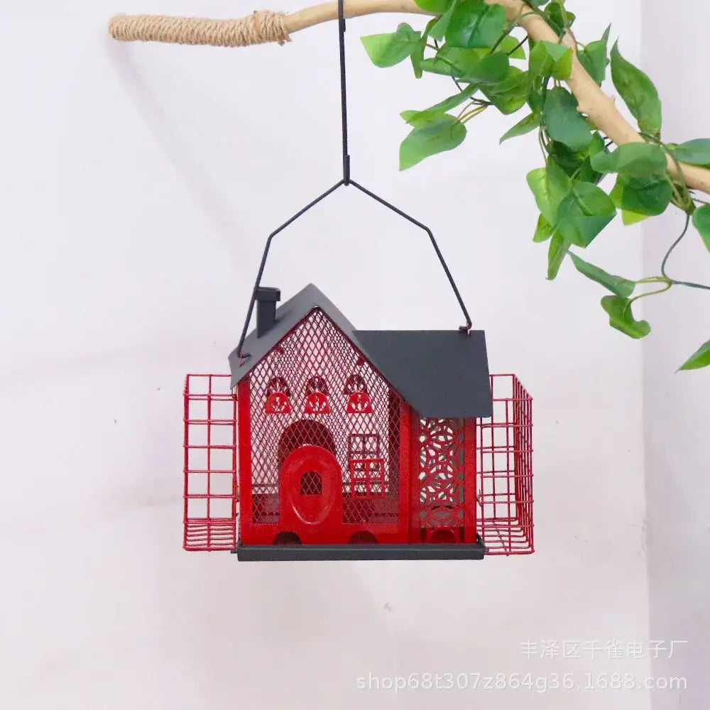 Red and black hanging metal bird feeder decorbites hanging metal bird feeder house with mesh suet and roof