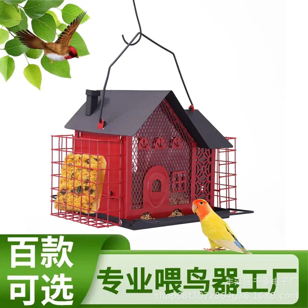 Red and black hanging metal bird feeder with wire cage sides and roof for decorbites hanging metal garden suet house