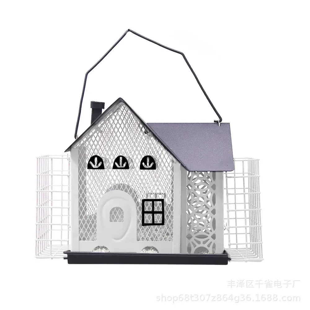 White metal bird feeder shaped like a house with black accents and side wire cages by decorbites hanging metal bird feeder