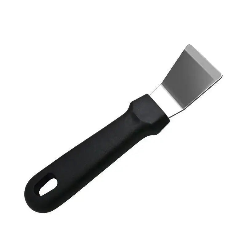 Black plastic-handled putty knife with shiny metallic blade for decorbites ice remover tool kitchen use