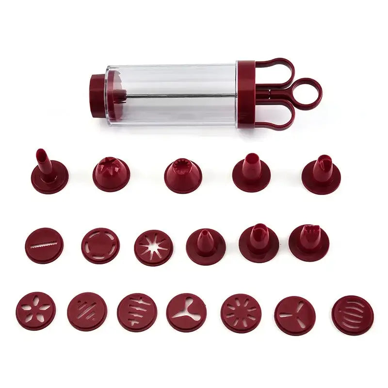 Maroon silicone pastry piping bag with clear barrel and 18 tips in red and clear cookie cream cake press kit decorbites cookie cream