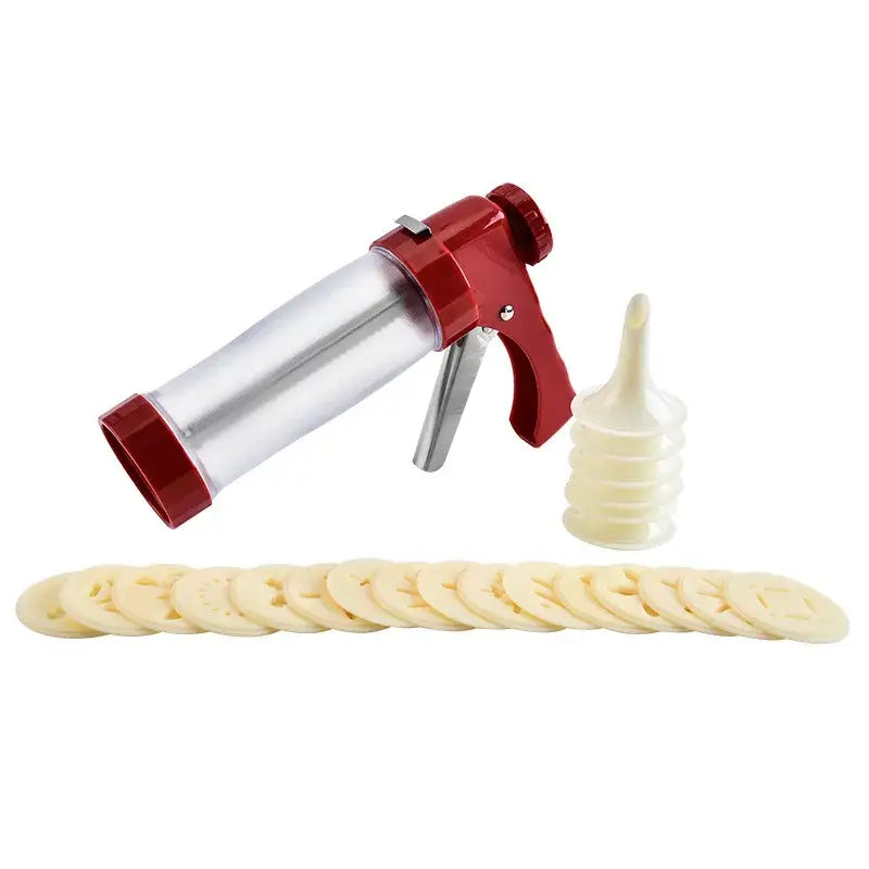 Red and clear plastic cream cake press with white silicone nozzle for uniform cookie cream cake decorbites cookie cream