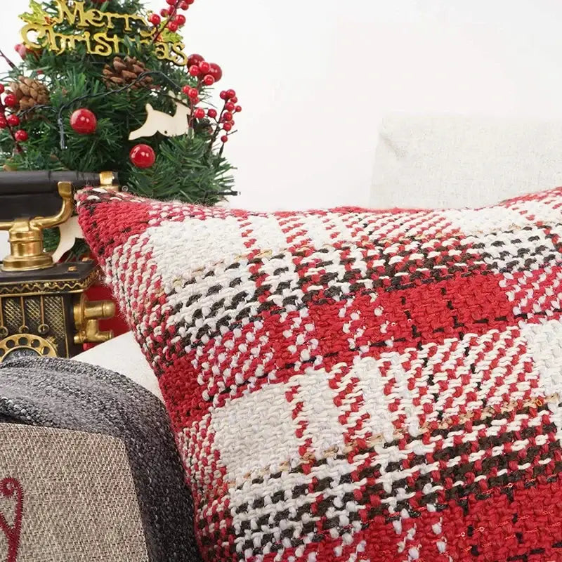 Red and cream buffalo plaid cushion cover with textured woven fabric for decorbites buffalo plaid living room decor