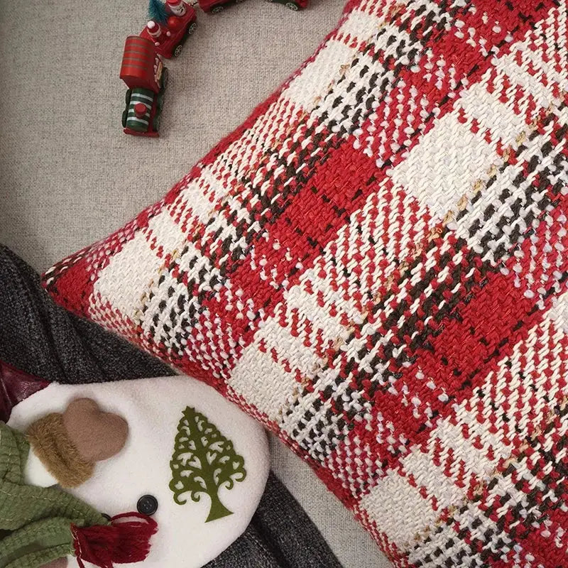 Red and cream decorbites buffalo plaid cushion cover with textured chunky knit for living room throw pillow decor