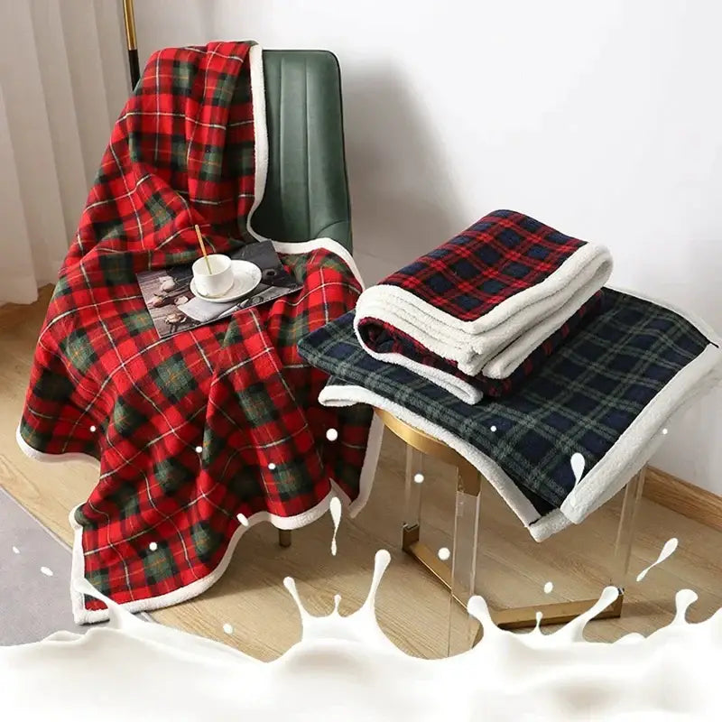 Red and green cozy coral fleece plaid blanket with plush white fleece lining for warm bedroom decorbites cozy coral use