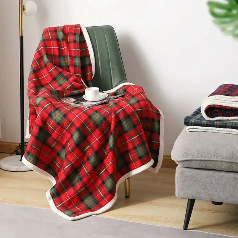Red and green plaid bedroom throw with white fleece lining made of decorbites cozy coral coral fleece material