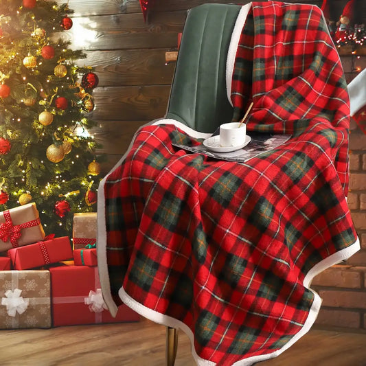 Red and green cozy coral fleece plaid throw blanket with white fleece trim for bedroom decorbites cozy coral use