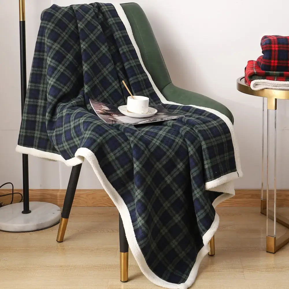 A navy and green plaid cozy coral fleece bedroom throw blanket with plush white fleece lining by decorbites cozy coral