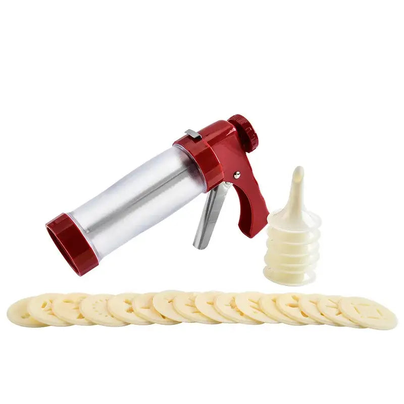 Red and silver cream decorating gun kit with clear barrel white silicone nozzles and round cutters for cake cream decorating