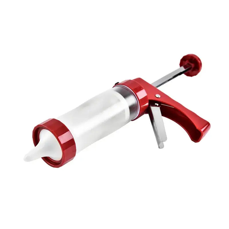 Red and silver cream decorating gun with clear barrel and white tip for decorbites cake cream decorating kit