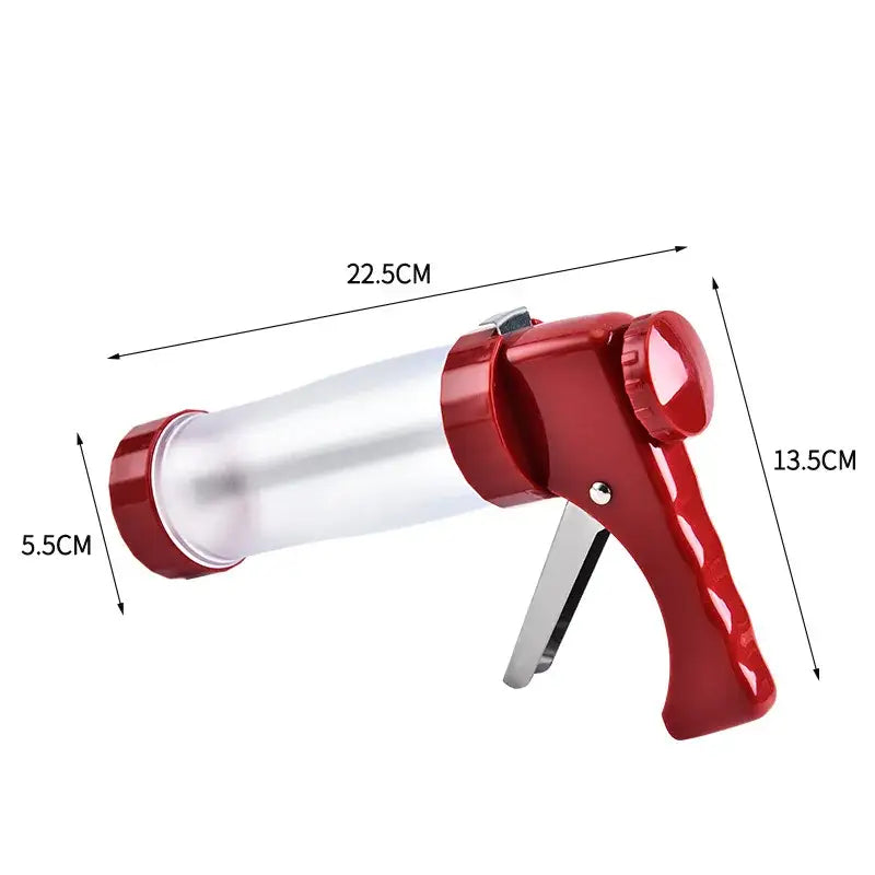 Red and silver cake cream decorating gun kit with red plastic and metal cream decorating gun and clear barrel for decorbites cake cream