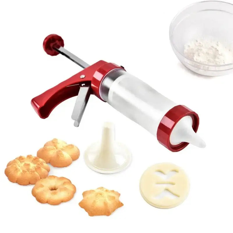 Red and clear plastic cream decorating gun with white silicone nozzle from decorbites cake cream decorating kit