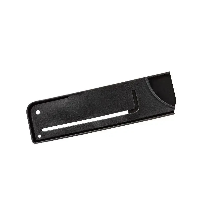 Black plastic tv mount bracket with matte finish and integrated slots shown on the back side of knife blade protector cover