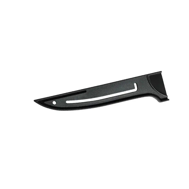 Black plastic knife blade protector cover with white accent stripe and hole near tip for kitchen guard protection