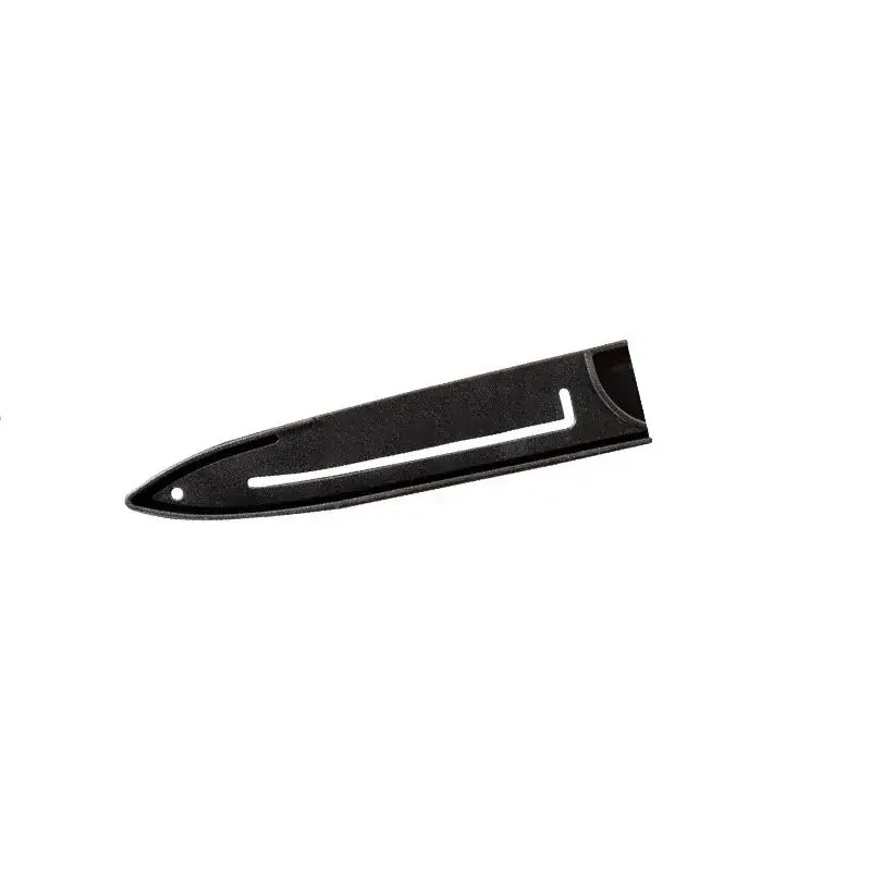 Black plastic knife blade protector with sleek elongated design and white cutout near handle for kitchen use cover