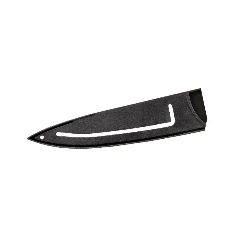 Black plastic knife blade protector cover with white accent line for red and silver striped kitchen guard