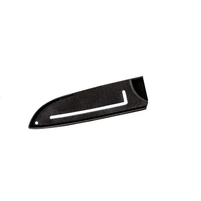 Black plastic knife blade protector cover with white l-shaped accent for red and silver striped kitchen guard