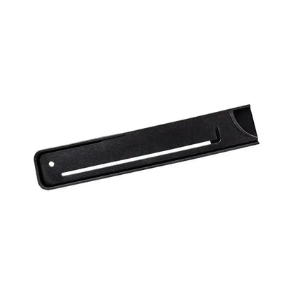 Black plastic phone stand with sleek minimalist design and central slot shown alongside red and silver striped knife blade protector cover kitchen guard