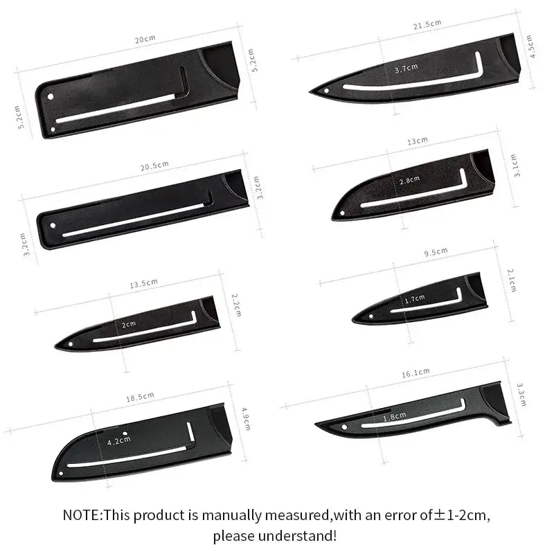 Set of black plastic knife blade protector covers with molded handles and cutouts for blade placement kitchen guard