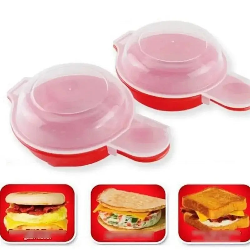 Red and translucent plastic easy eggwich microwave cooker with handles designed for kitchen burger press use