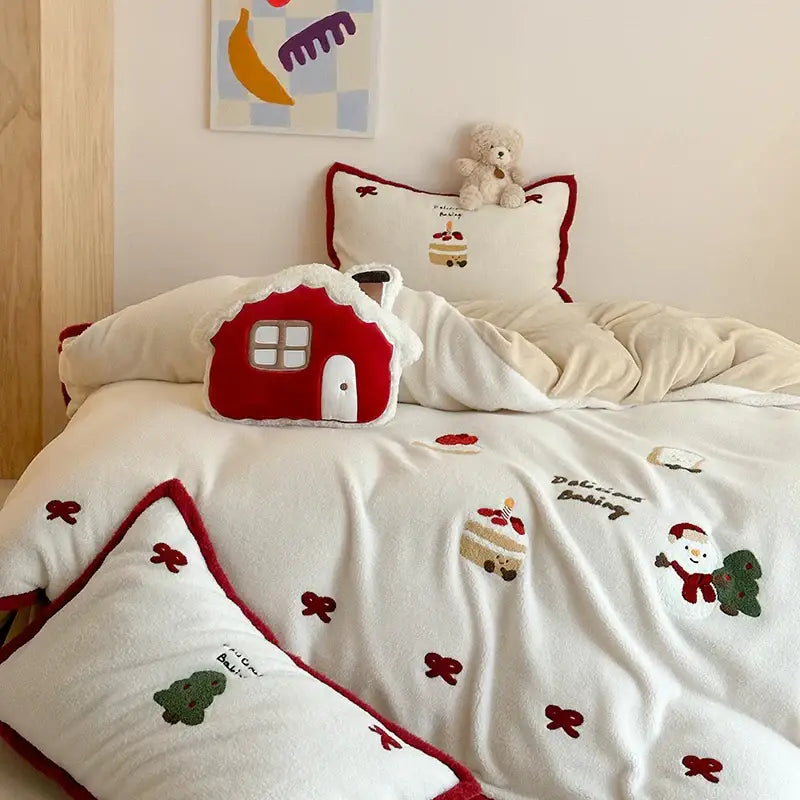 Red and white plush house-shaped pillow with embroidered windows door and fluffy trim for decorbites cartoon embroidered bedding set