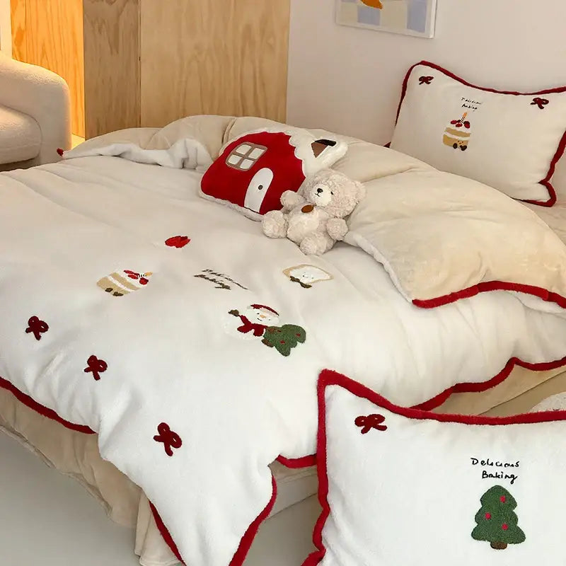 White plush christmas-themed bedding set with red trim and decorbites cartoon embroidered festive designs