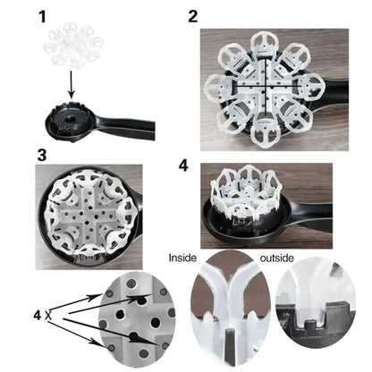 White plastic snowflake-shaped egg cooker insert with black handle and base for espresso machine cleaning brush use