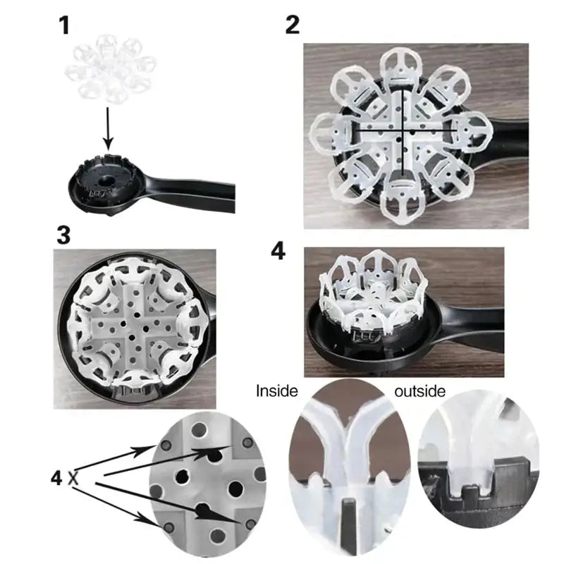 White plastic snowflake-shaped egg cooker insert with black handle and base for espresso machine cleaning brush use