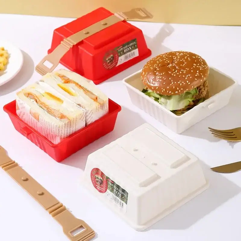 Red plastic bento box with beige strap and label in red and white hamburger bento box set for kitchen picnic storage container