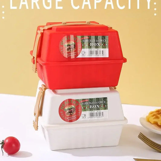 Red and white plastic hamburger bento box set with beige handles for kitchen picnic storage container use