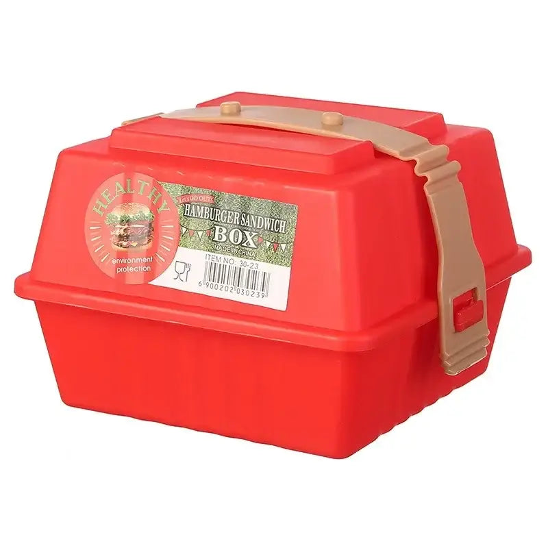Red plastic bento box with beige carrying strap and latch from red and white hamburger bento box set for kitchen storage