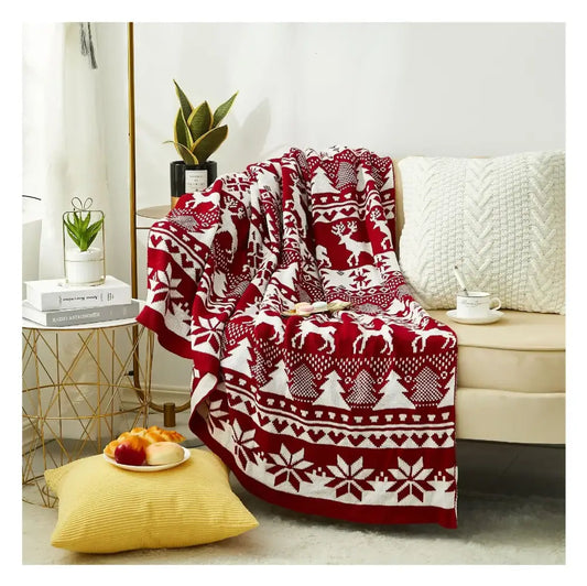 Red and white knitted jacquard christmas tree blanket with reindeer snowflakes and pine trees for living room decorbites