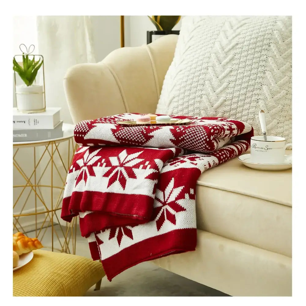 Red and white knitted jacquard christmas tree blanket with festive snowflake pattern for living room decorbites decor
