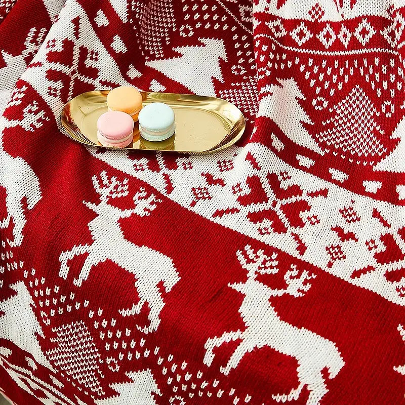 Red and white knitted jacquard christmas tree blanket with reindeer patterns perfect for living room decorbites decor