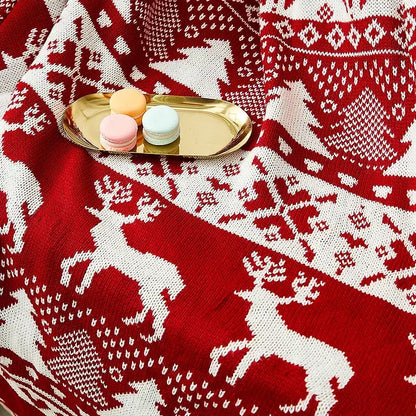 Red and white knitted jacquard christmas tree blanket with reindeer patterns perfect for living room decorbites decor