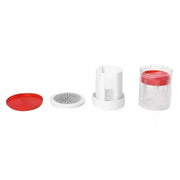 Red and white manual plastic citrus juicer with clear measuring cup ideal for fresh juice and spreadable butter straight use