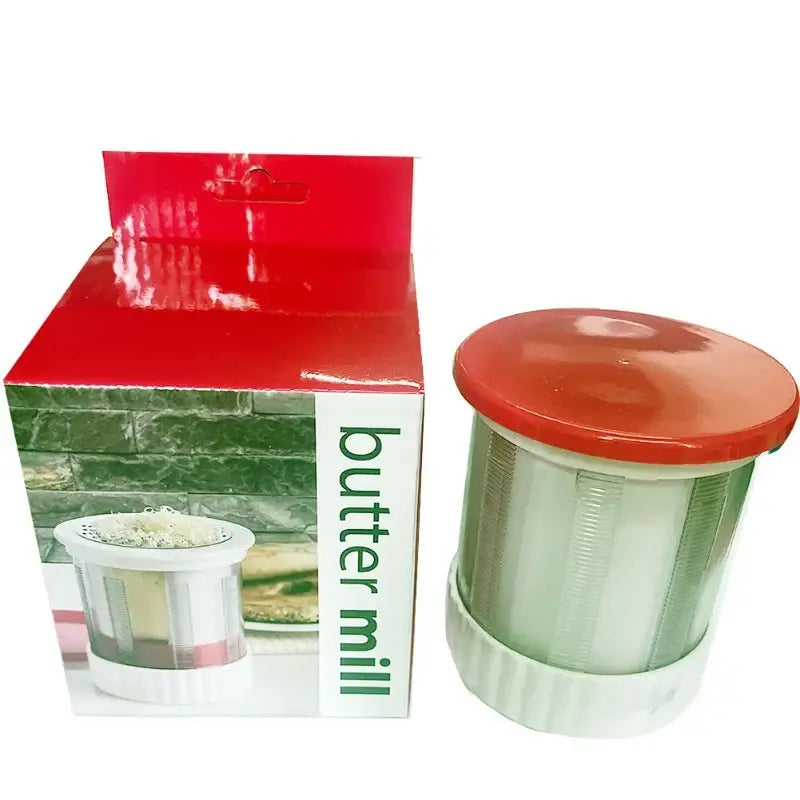 Red and white plastic manual citrus juicer with measuring cup and ribbed base ideal for decorbites butter spreadable butter straight