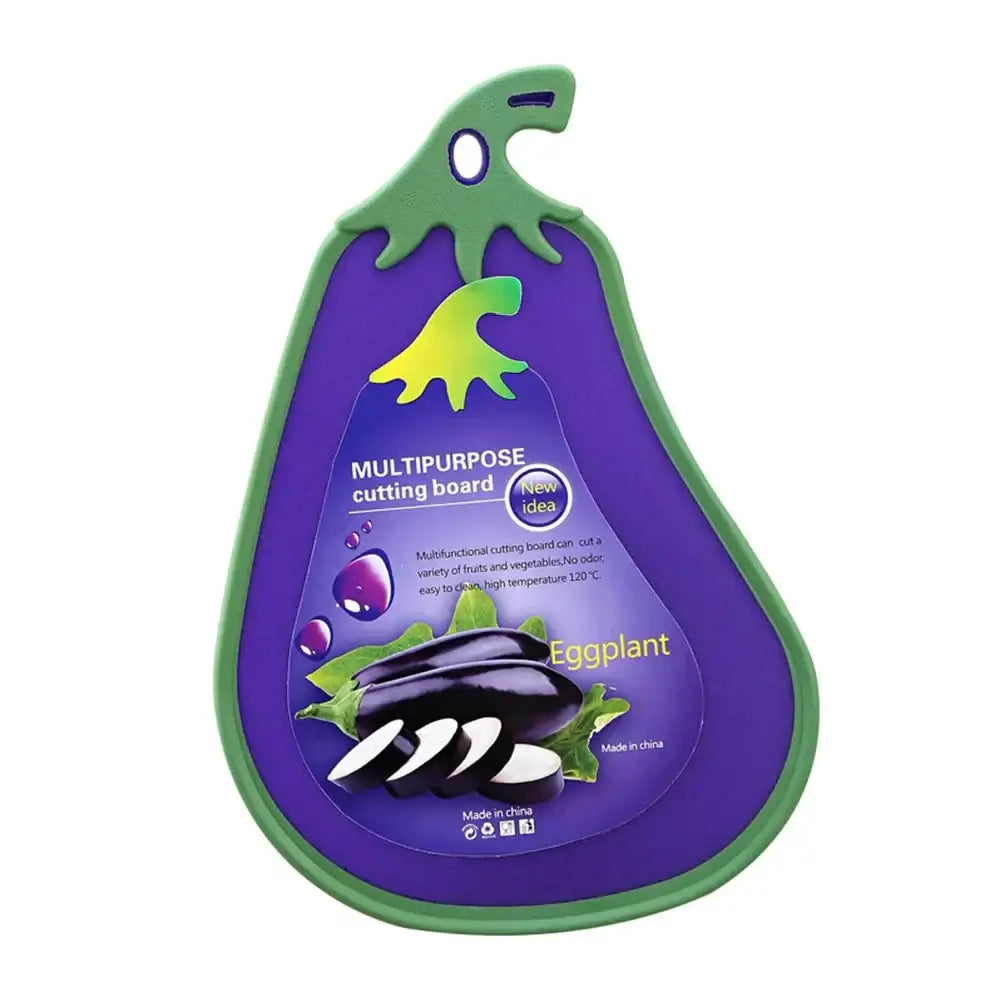 Durable fruit shape purple and green eggplant cutting board with playful dinosaur head design for kitchen use