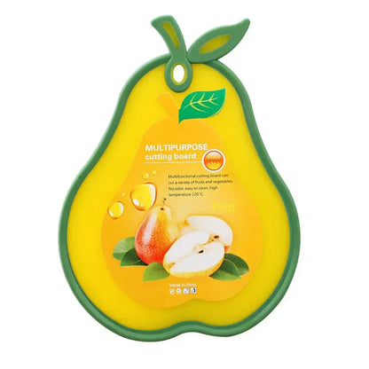 Yellow and green pear-shaped silicone cutting board with decorative leaf design durable fruit shape kitchen tray