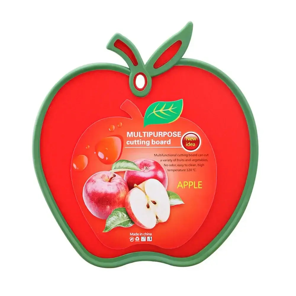 Red apple fruit shape durable cutting board with green stem and leaf details for kitchen serving tray use