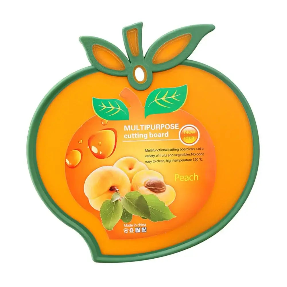 Durable orange peach-shaped cutting board with green leafy top and printed fruit design for kitchen use