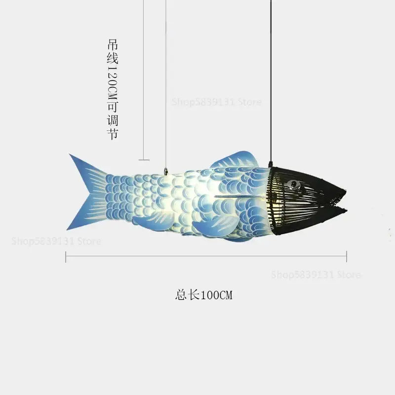 Blue 100cm bamboo fish pendant light with black mesh head and detailed scales for living room decorbites bamboo fish chandelier