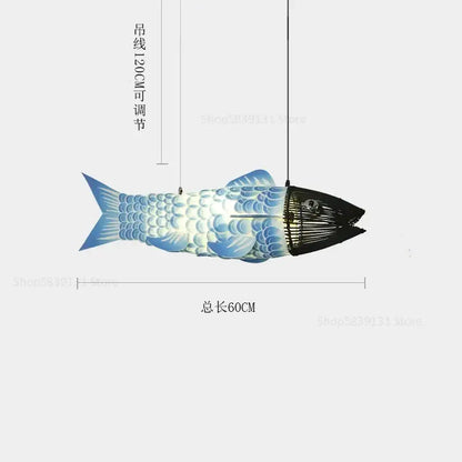 Blue and black decorbites bamboo fish pendant light with woven bamboo head and painted scales for living room decor