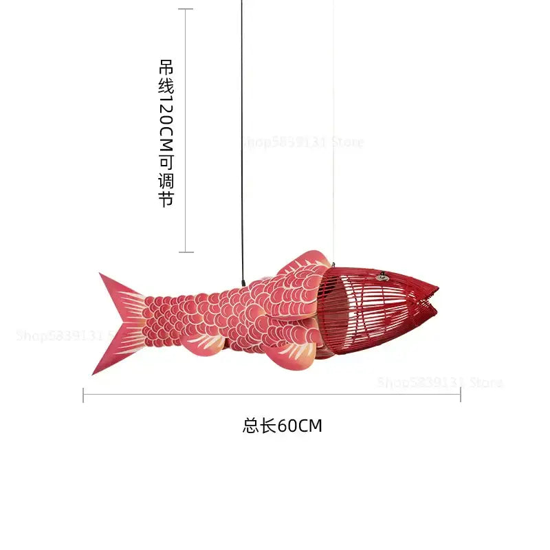 Red bamboo fish pendant light with woven cage design and scalloped scales for living room decorbites bamboo fish pendant