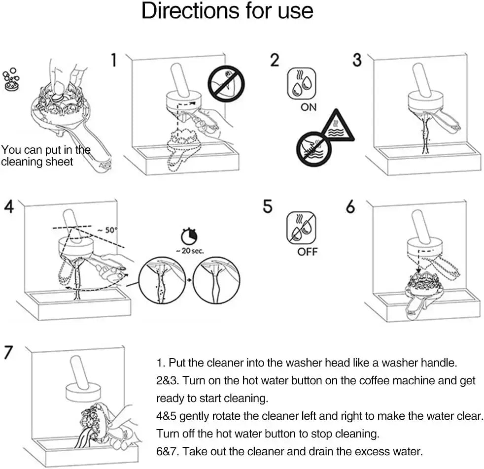 Diagram illustrating steps for using a red and black mesh brush cleaner for decorbites espresso machine washer head cleaning